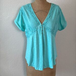 In Loom Small‎ Turquoise Lace Top Short Sleeve Button Detail V-Neck NWT